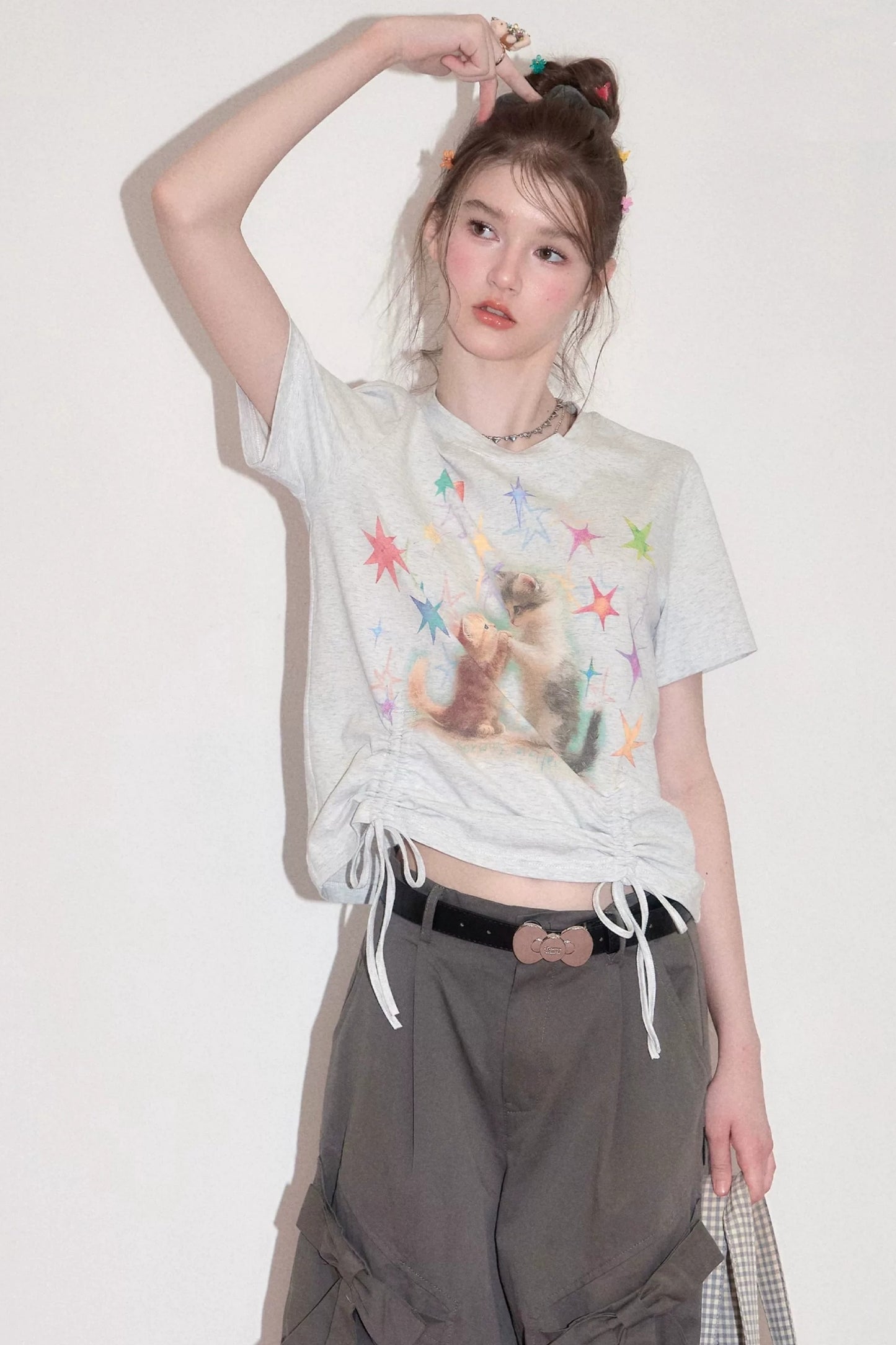 T-Shirt mit Katzenmotiv und Kordelzug