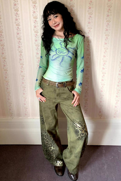 Cotton Washed Leopard Print Denim Pants