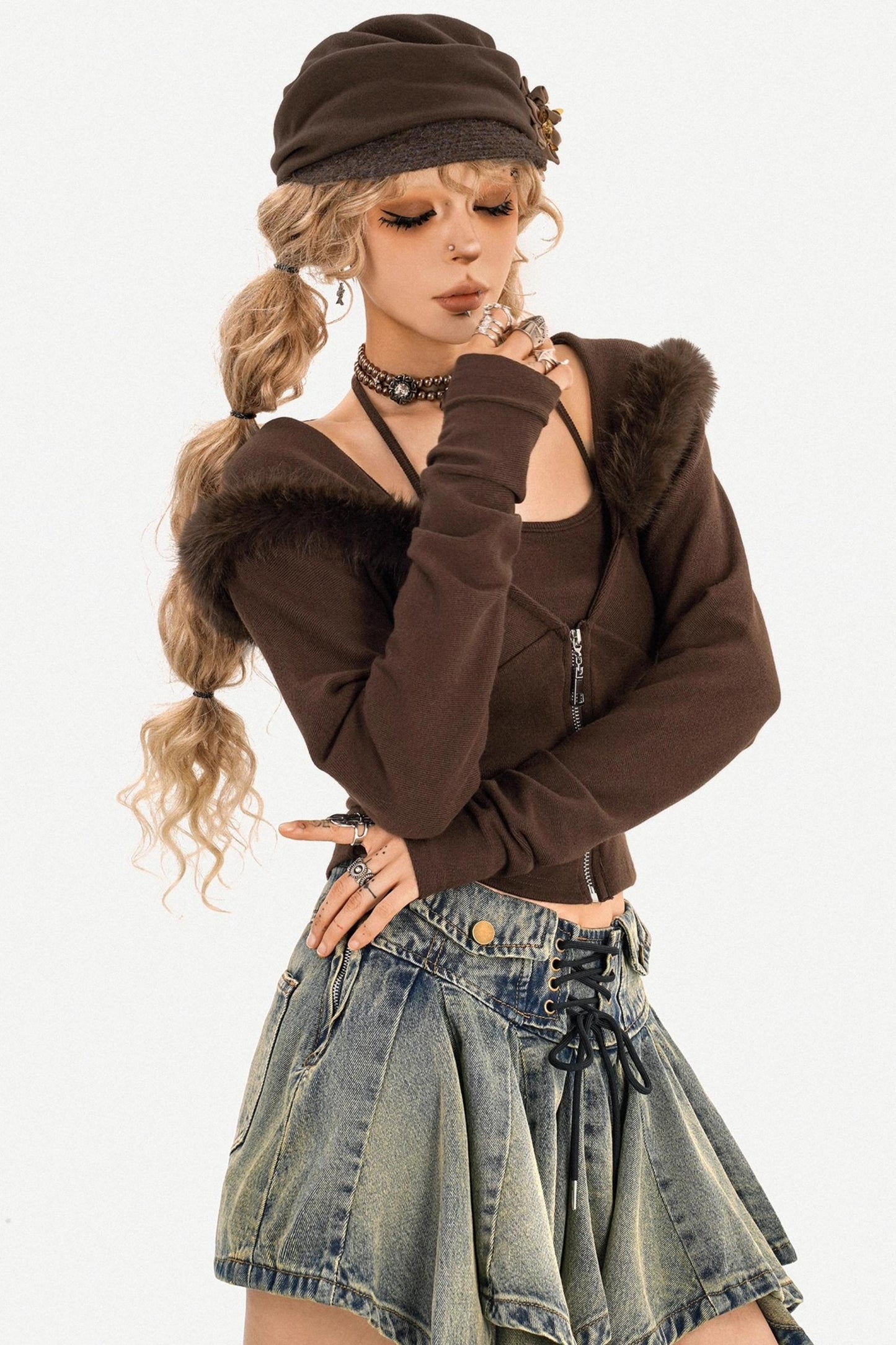 Dark Brown Patchwork Knit Sweater Set