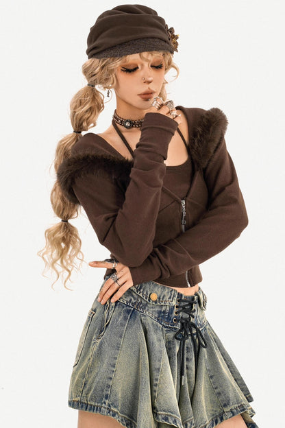 Dark Brown Patchwork Knit Sweater Set