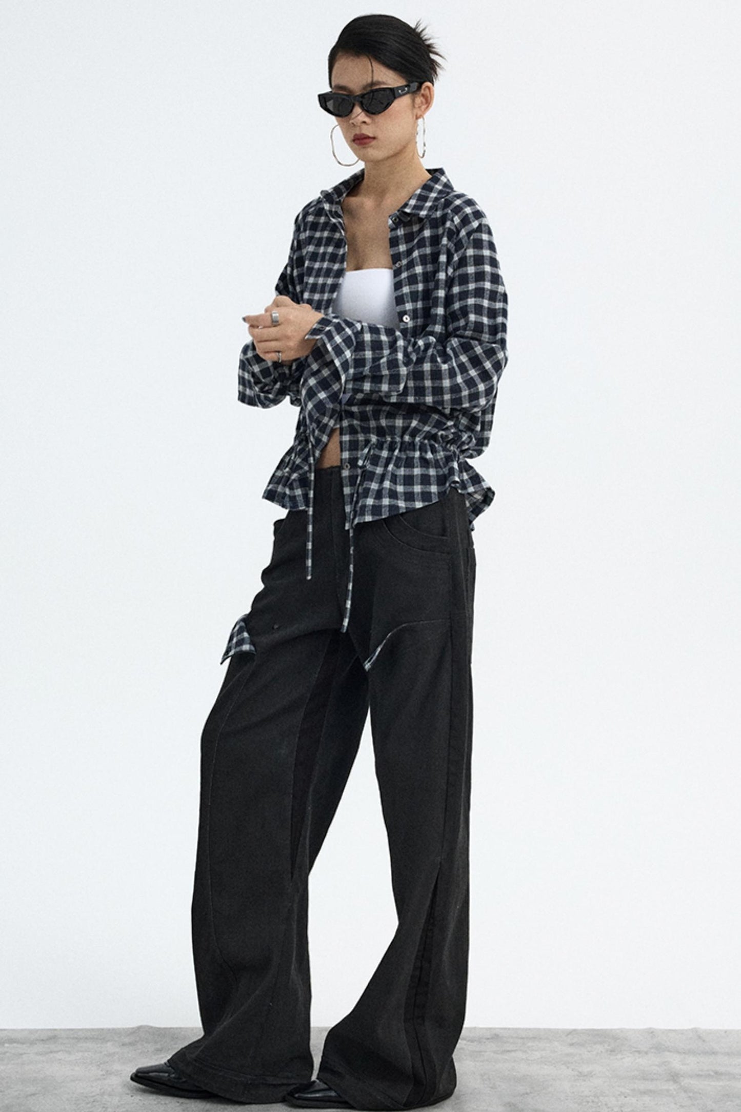 Navy Plaid Drawstring Top