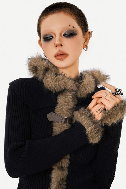 Retro Fur Collar Knit Sweater