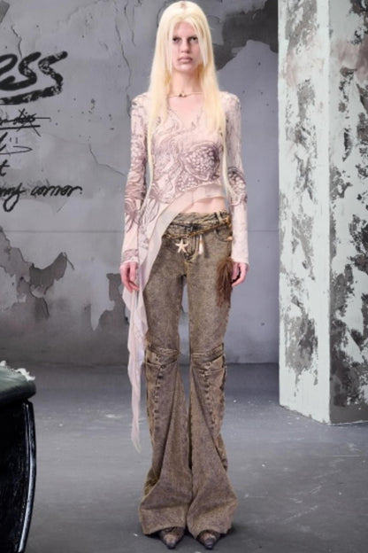 Beaded V-Neck Ruffled Skin Top