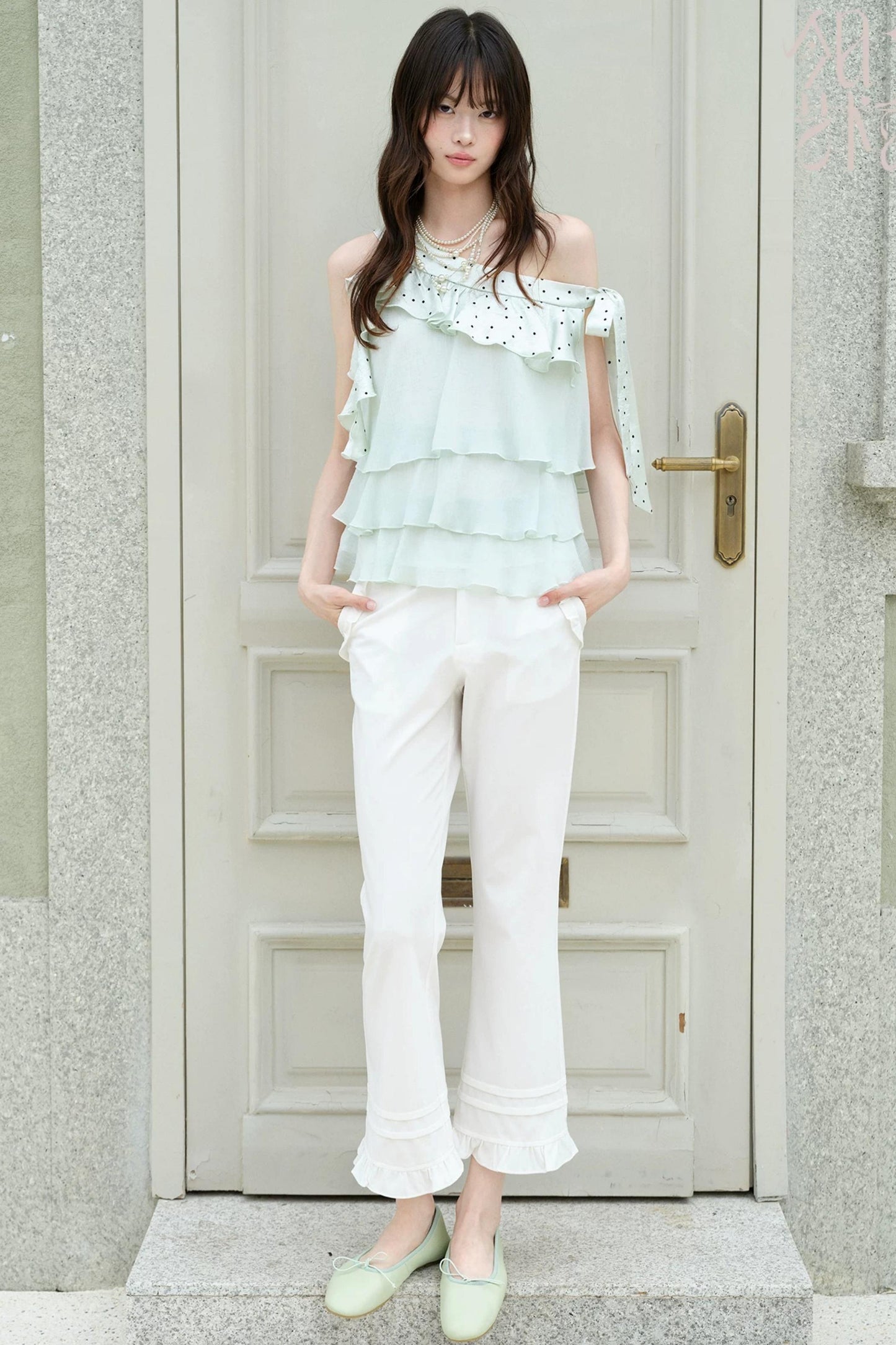 Green Acetate Tencel Polka Dot Top and Fishtail Skirt Set-Up