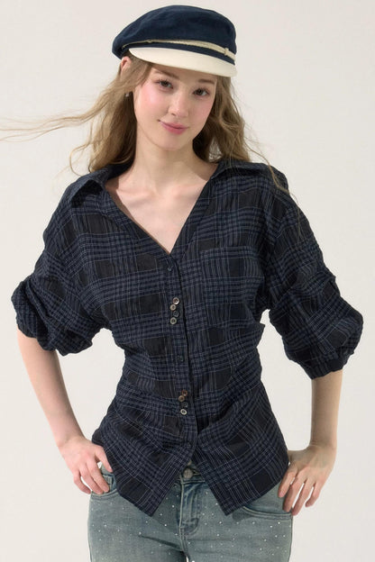 Sweet Plaid Mid-Sleeve Blouse
