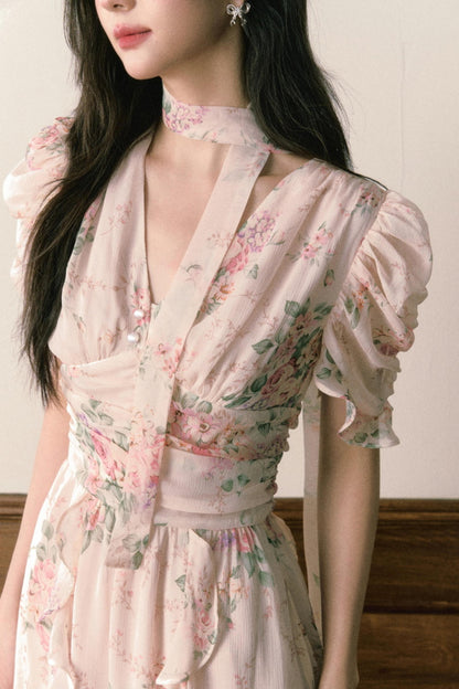 Pink Chiffon V-Neck Summer Dress