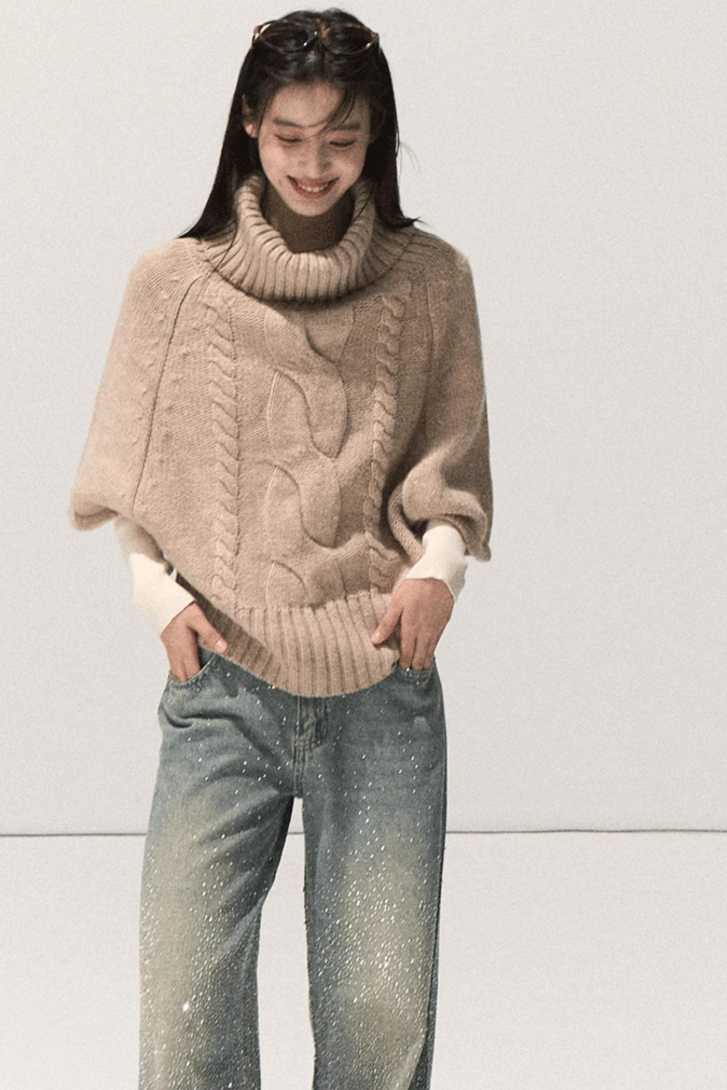 Moon Wool Twist Knit Cape Sweater Set-Up