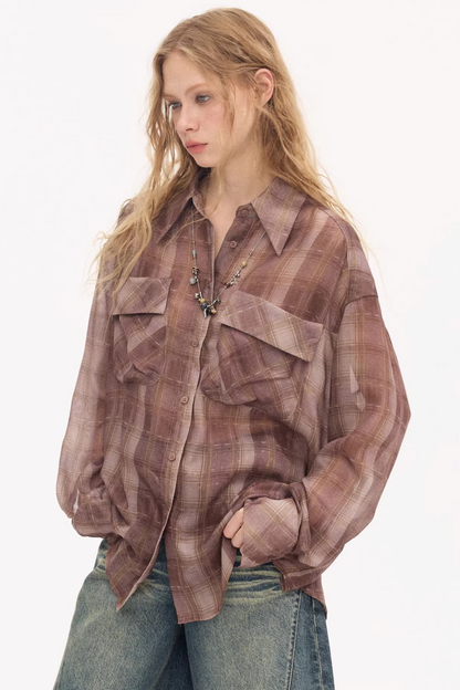 Plaid Lantern Sleeve Blouse