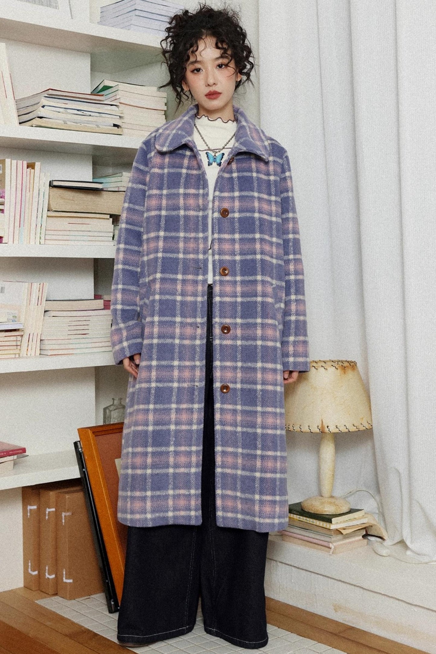 Autumn Plaid Purple Woolen Coat