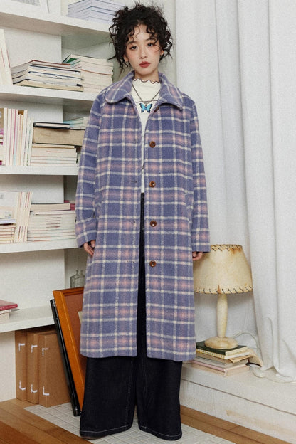 Autumn Plaid Purple Woolen Coat