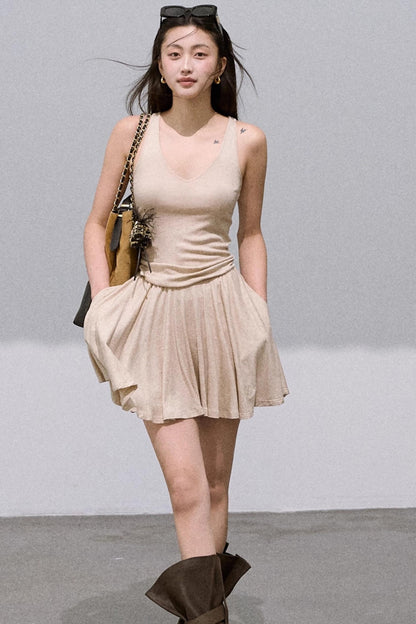 Tencel Wool Knit V-Neck Cardigan Dress Set-Up