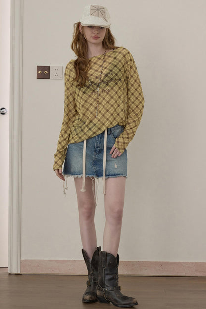 Wooha Retro Plaid Long Sleeve T-Shirt