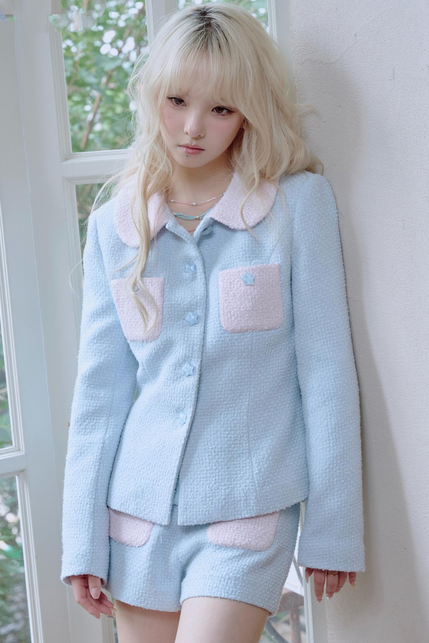 Star Button Tweed Jacket Set-Up