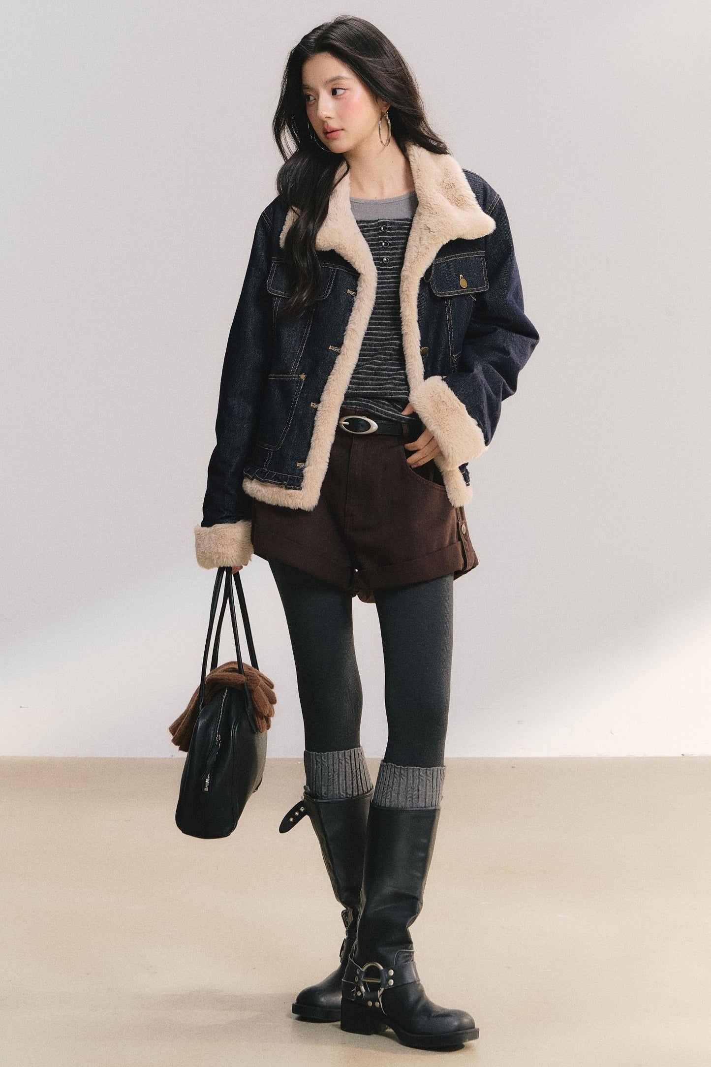 Denim Lace Trim Fur Coat