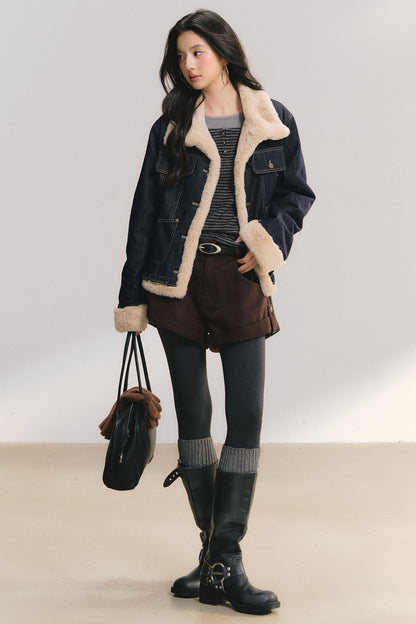 Denim Lace Trim Fur Coat