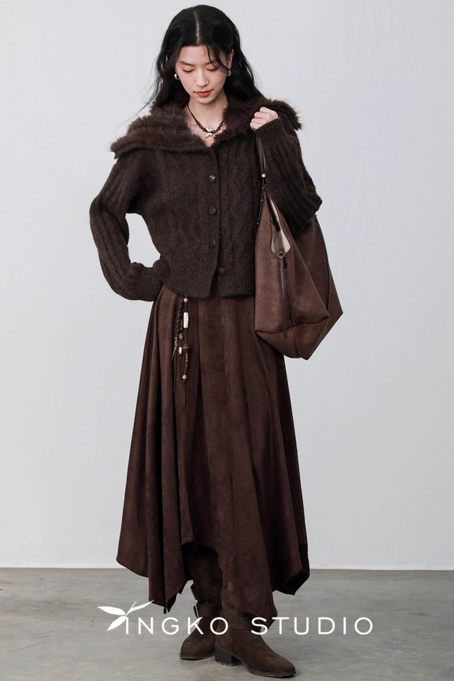 Caramel Brown Fur Collar Cardigan