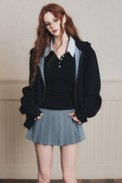 Navy Check Patchwork Hooded Coat