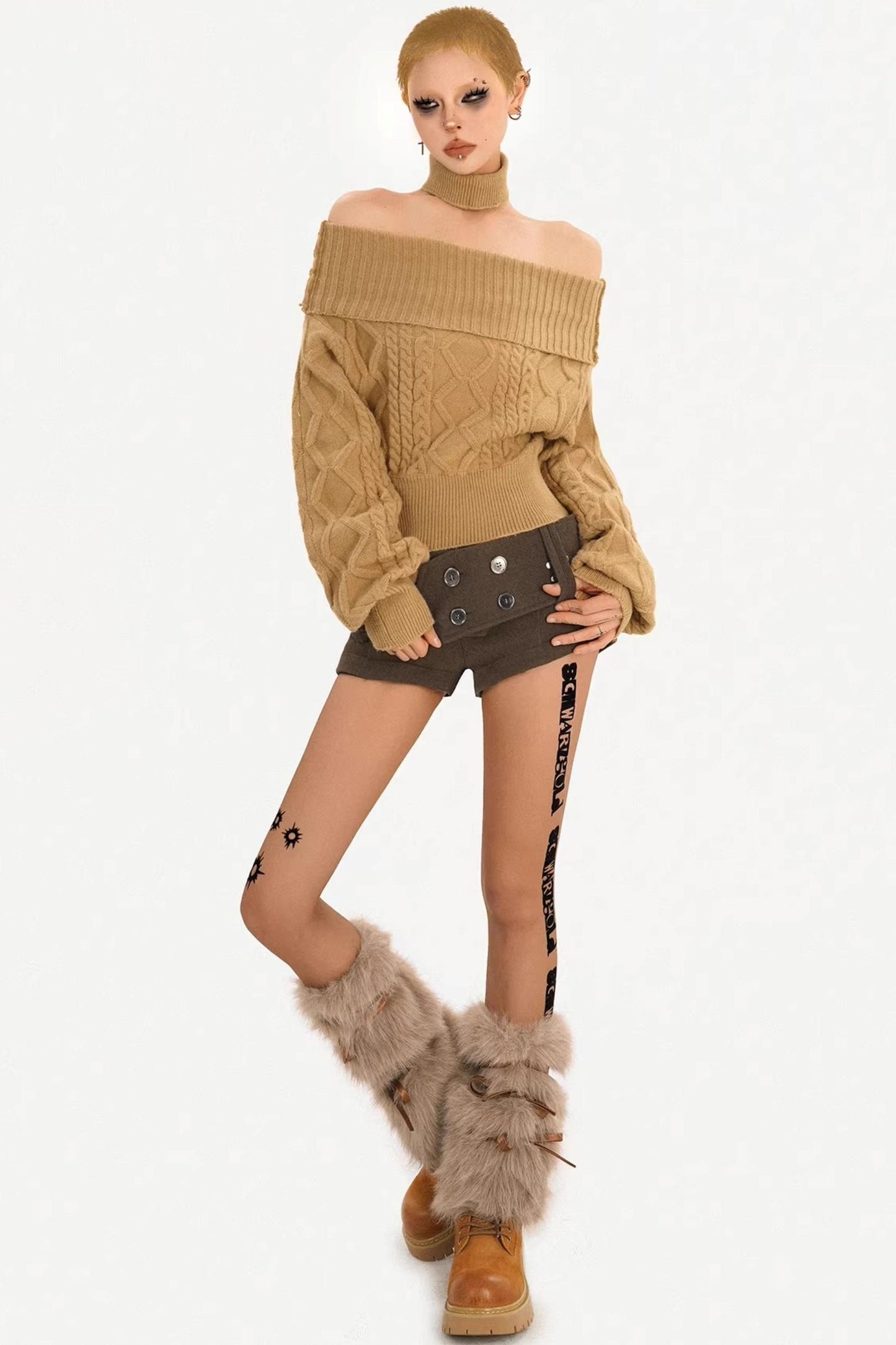 Retro Off-Shoulder Camel Sweater