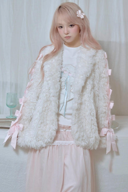 White Satin Bow Lamb Fur Coat