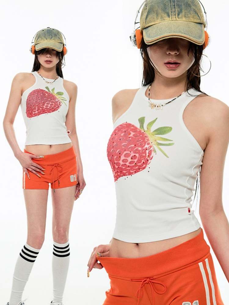 Summer Fruit Print Round Neck Slim Tank Top