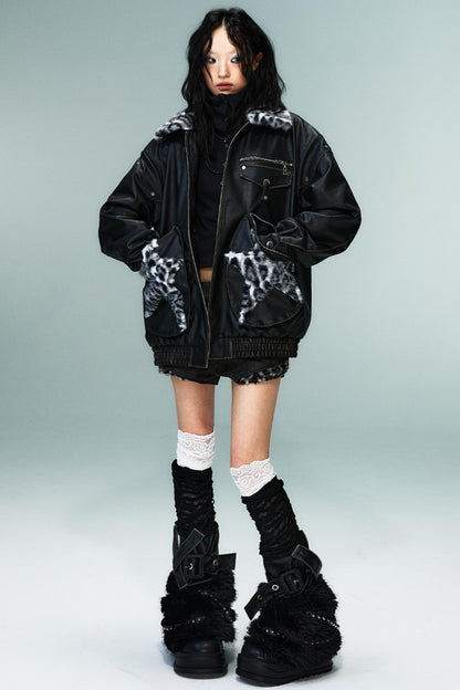 Star Leopard Print Vintage Leather Jacket