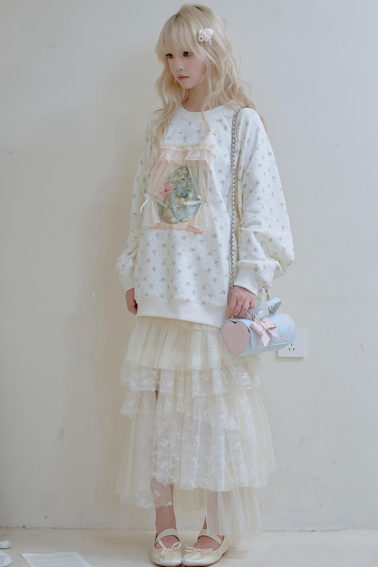 Beige Lace Patchwork Chiffon Skirt