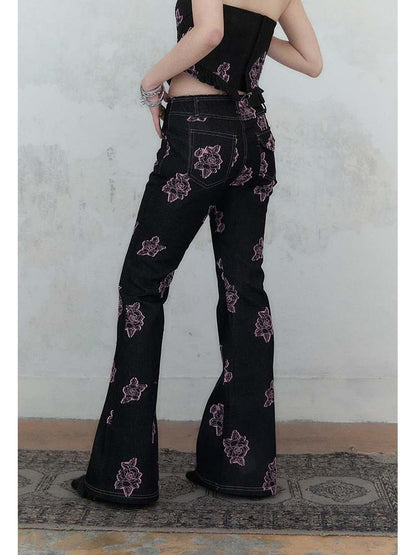 Denim Rose Print Tube Top & Bell Pants