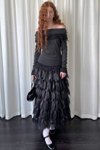 Petal Black Mesh Midi Skirt