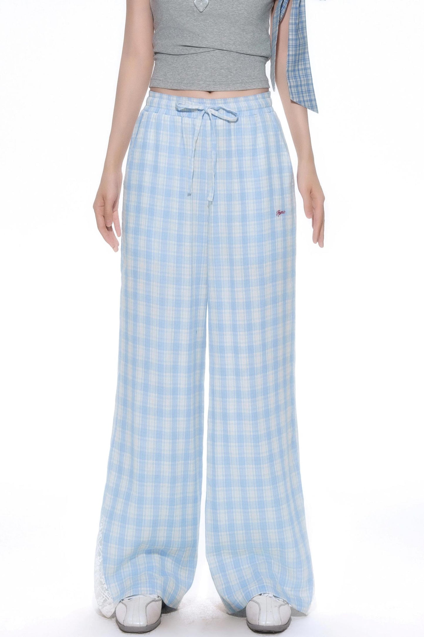 Blue Lace-Trimmed Wide-Leg Pants