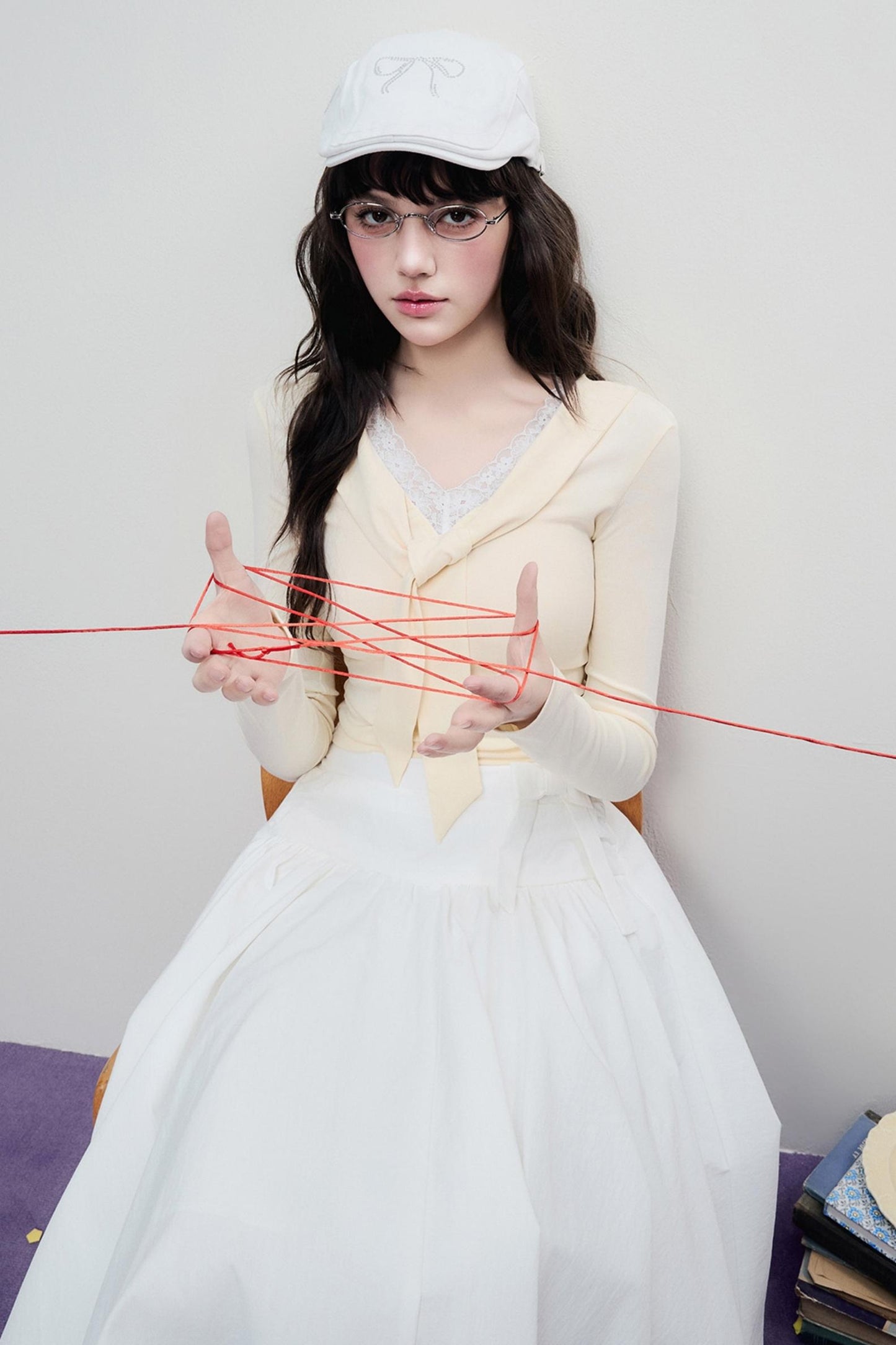 Korean Lace Trim Tie Neck Sweater