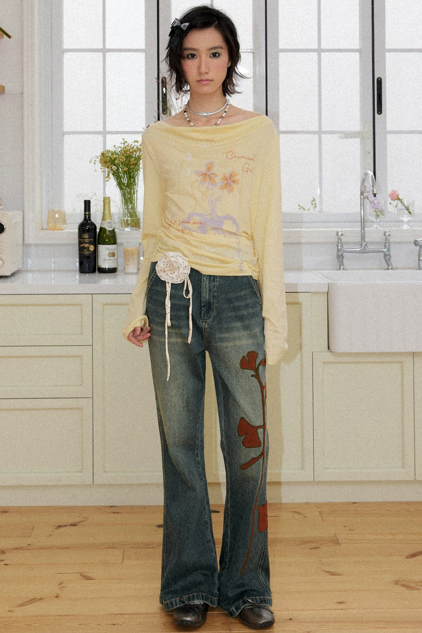 Ginkgo Leaf Embroidered Denim Pants