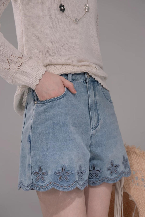 Laser Embroidery Denim Pants