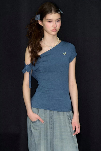 Blue Butterfly Off-Shoulder Short-Sleeve Top
