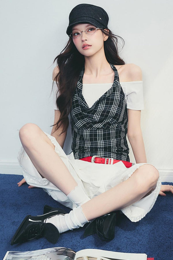 Rainy Plaid One Shoulder Cami