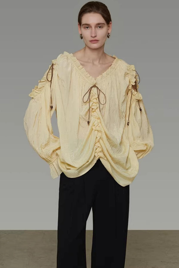 Drawstring Bead V-Neck Shirt