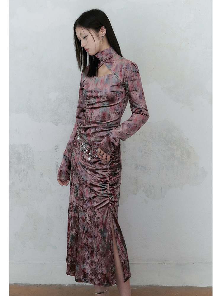 Chinese Style Marble Print Tops & Slit Skirt