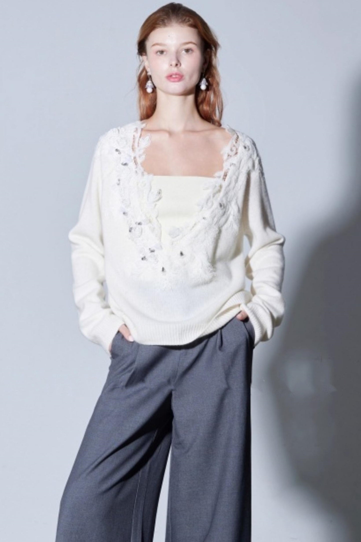 Rhinestone Lace Wool Top