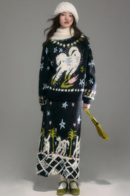 Animal Jacquard Wool Top & Skirt Set-Up