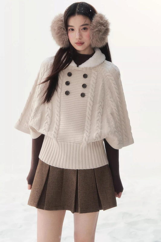 Coffee-Colored Fur Collar Cape Sweater