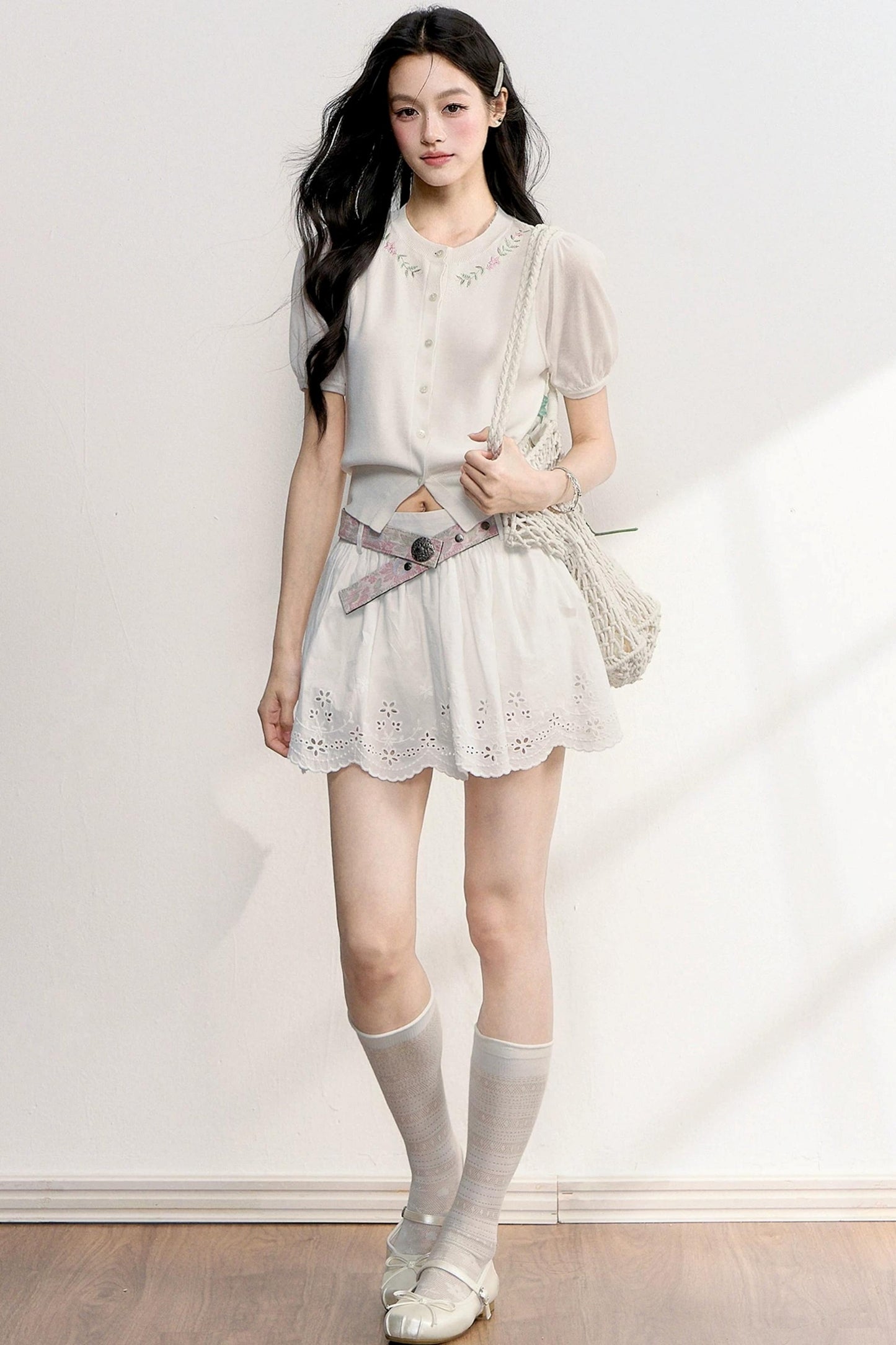 Embroidered Knit Cardigan Top Set-Up