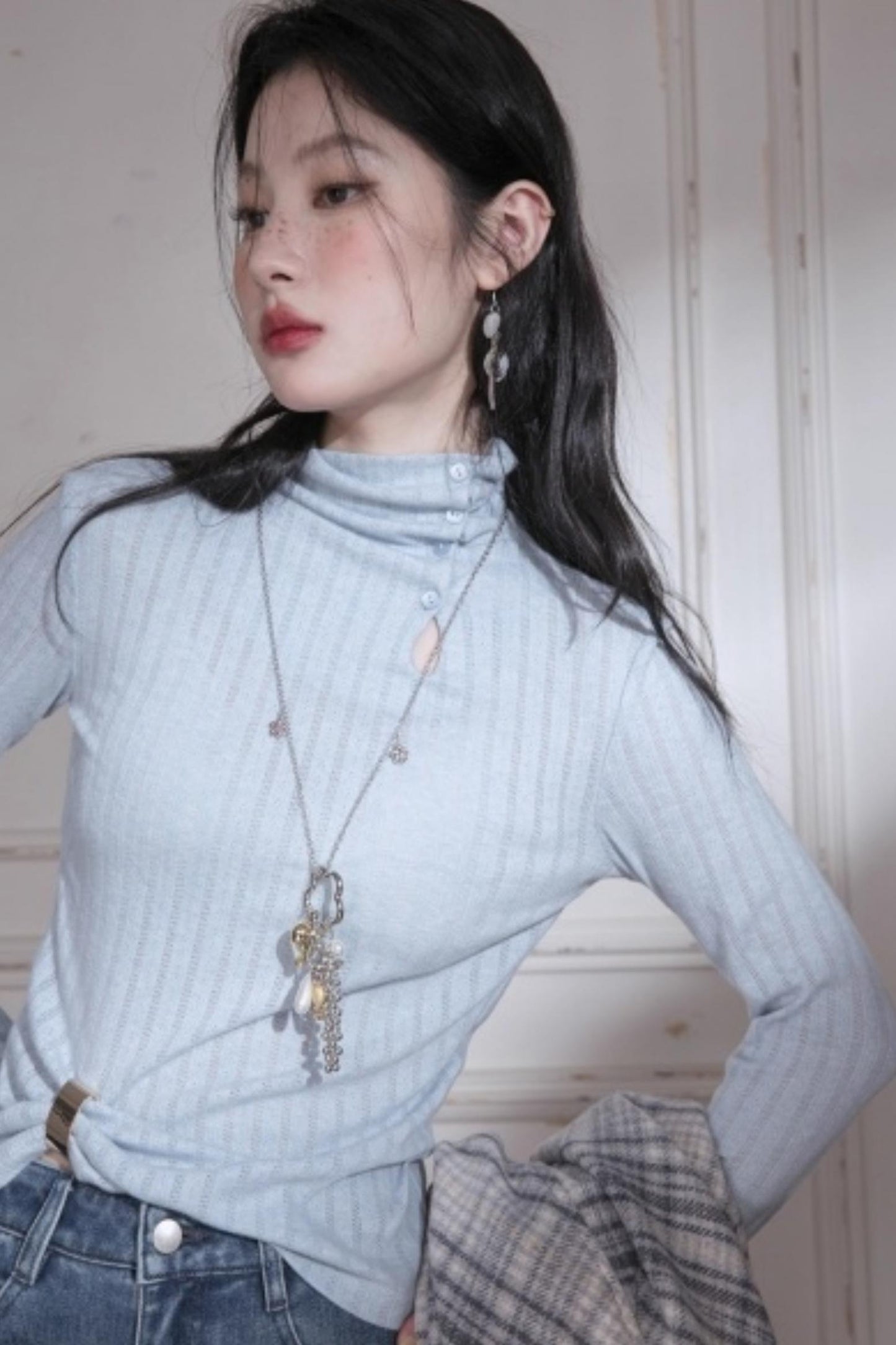 Light Blue Turtleneck Knitwear Top