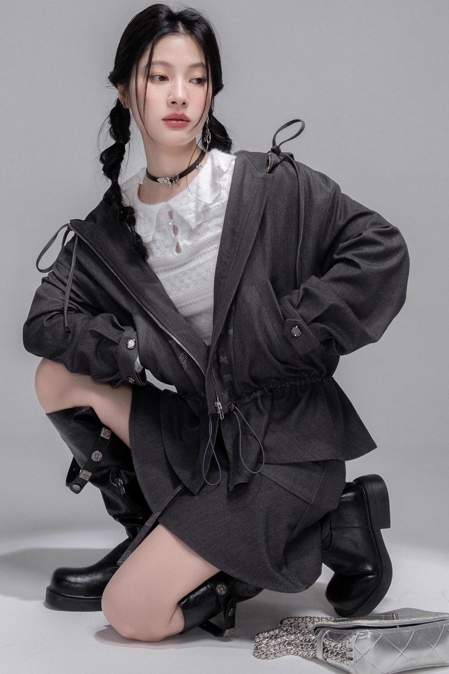 Morning Gray Patchwork Hooded Jacket Set