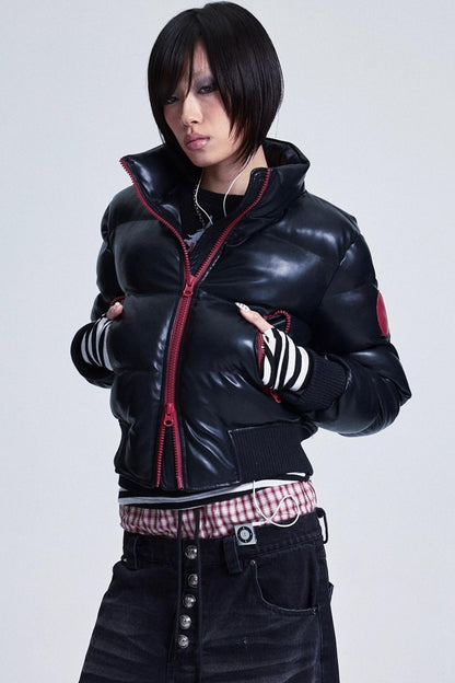 Patchwork Leather Fur Collar Jacket