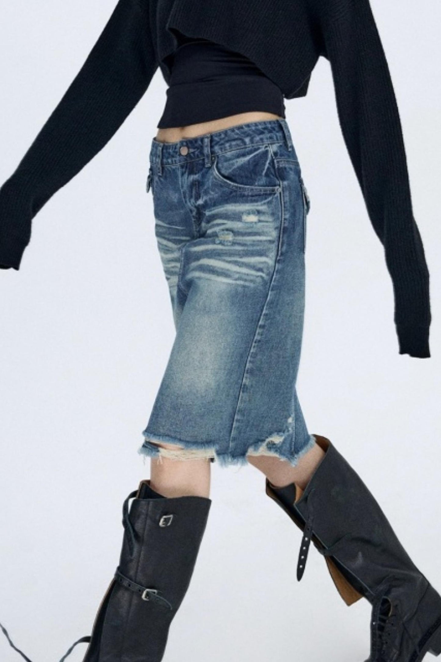 Retro Blue Distressed Denim Skirt