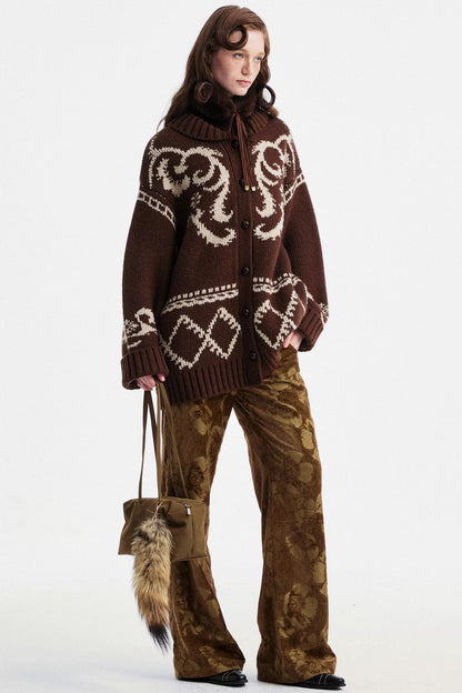 Brown Floral Jacquard Pants