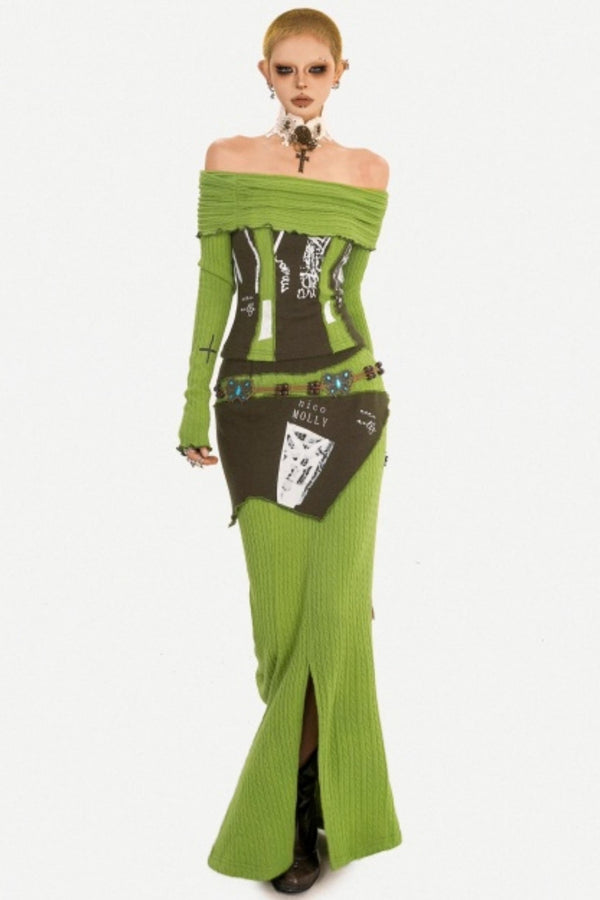 Green Off-Shoulder Top Skirt Set-Up