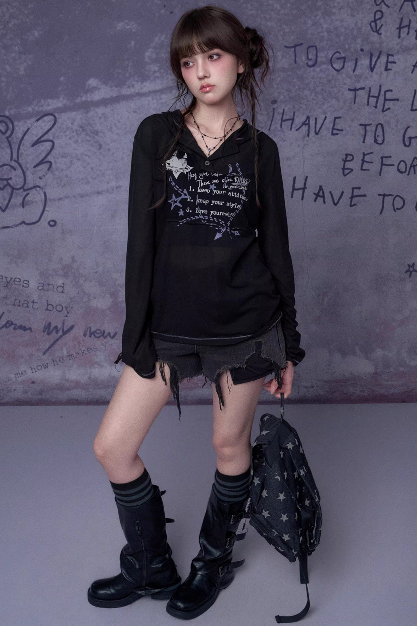 Mesh Graffiti Hooded Top Matching Set