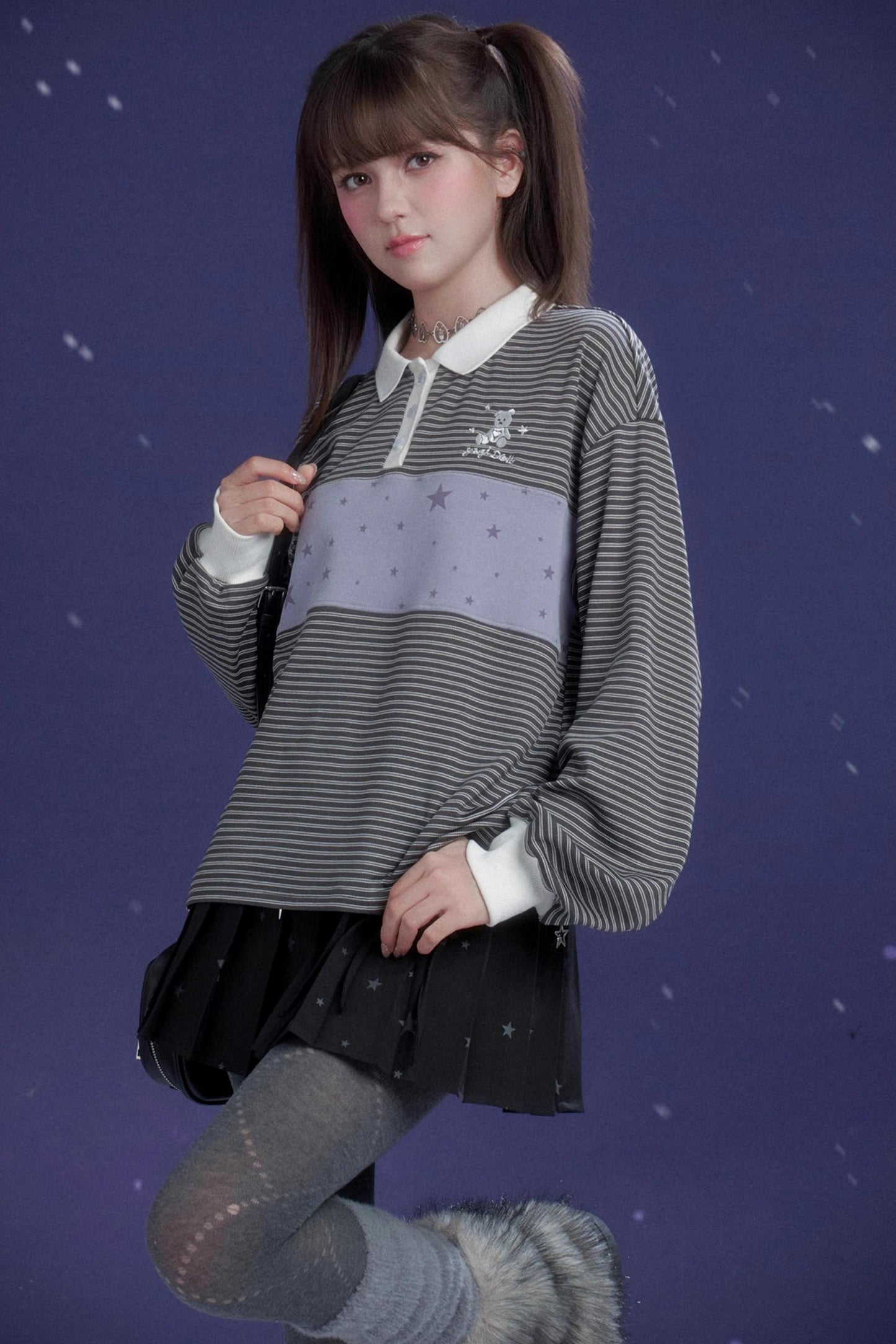 Gray-Purple Striped Polo Top