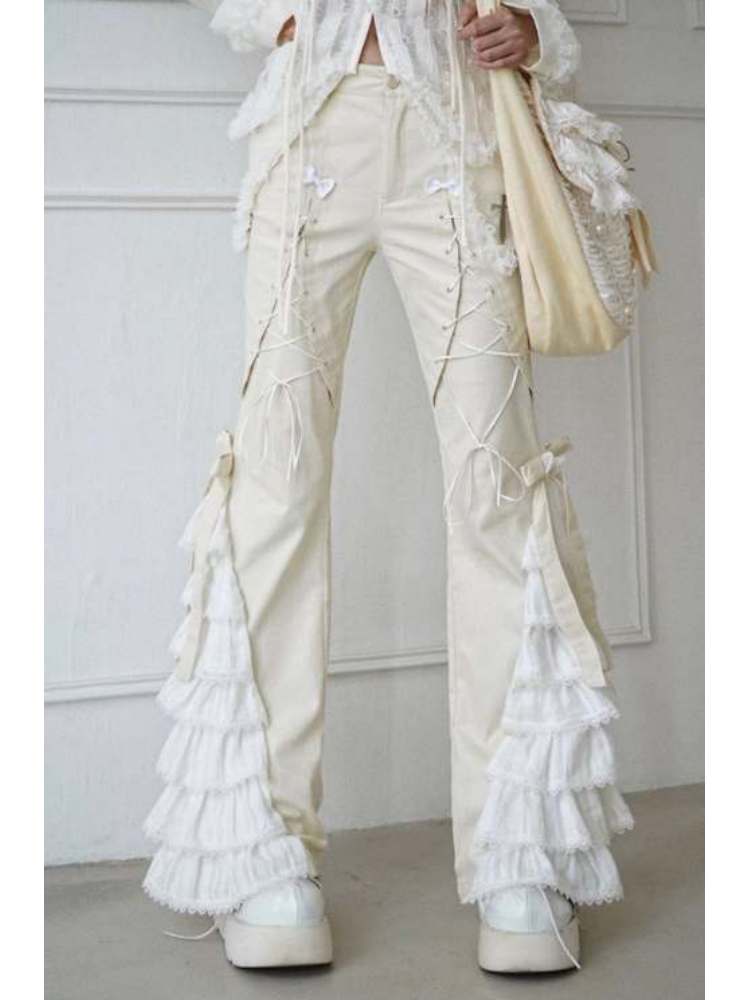 Lace-Up Tiered Bowknots Flared Pants