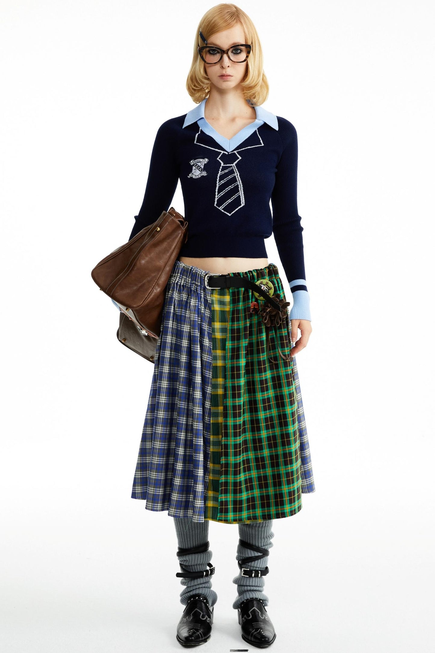 Blue-Green Plaid Pleated Skirt